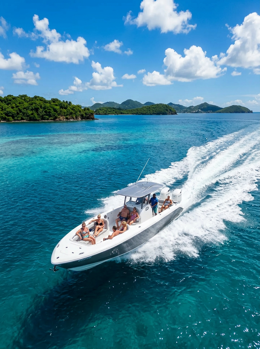 Bateau à moteur en navigation rapide sur l'eau